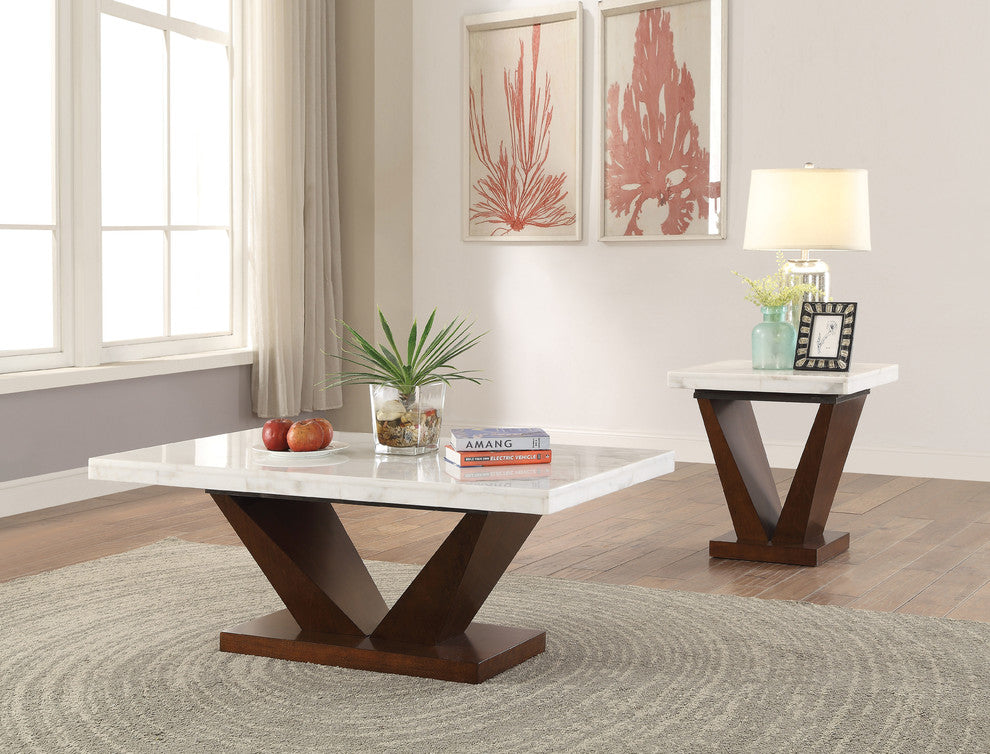 Forbes End Table, White Marble and Walnut