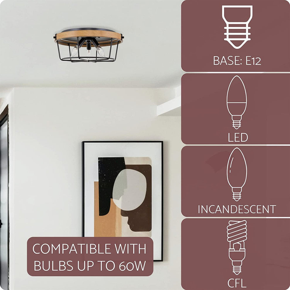 3 Light Rust Cage Ceiling Light Fixture, Industrial, Drum Semi Flush Mount