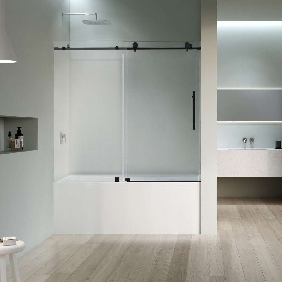 Lazaro Single Sliding Frameless Tub Door, Clear Glass, Matte Black, 60"wx58"h