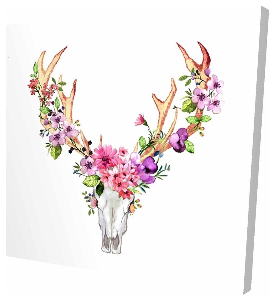 Deer Skull With Flowers, Fine Art Gallery Wrapped Canvas, 24"x24"