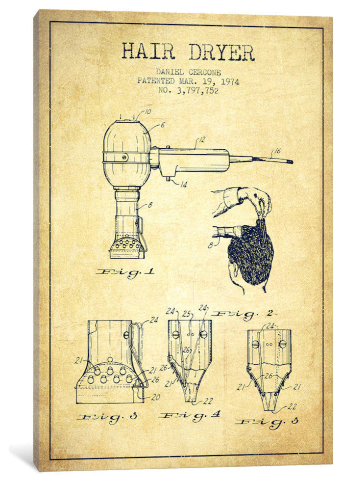 "Hair Dryer Vintage Patent Blueprint" by Aged Pixel, 40x26x1.5, 1-Piece