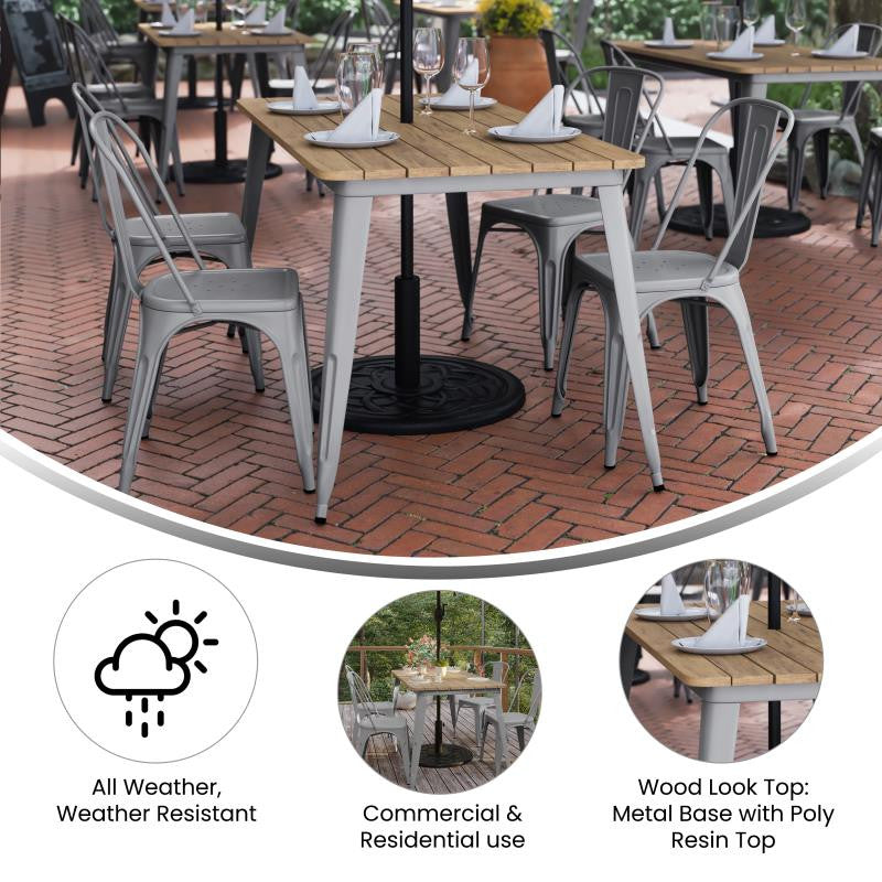 Declan Commercial Indoor/Outdoor Dining Table with Umbrella Hole, 30" x 60", Brown/Silver