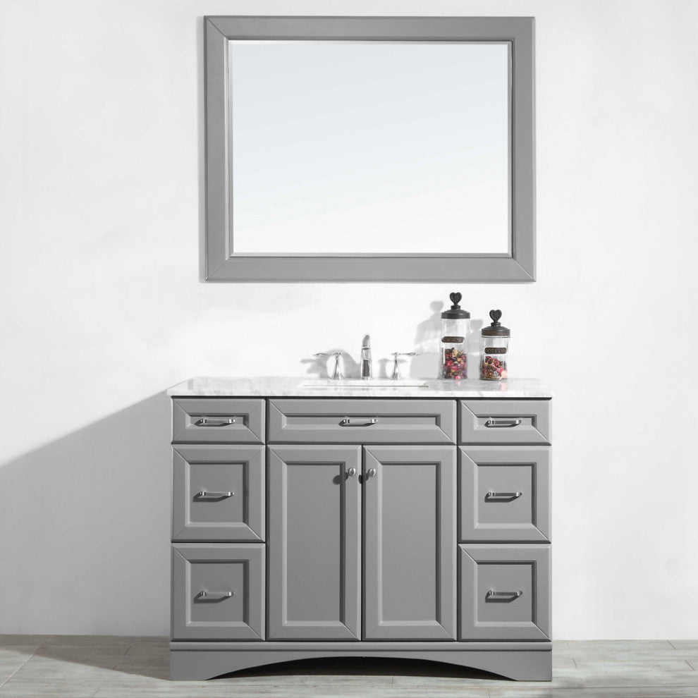 Naples 48" Vanity, Grey With Carrara White Marble Countertop With Mirror