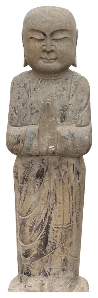 Pair Chinese Stone Carved Standing Zen Garden Monk Lohon Statues Hcs7645