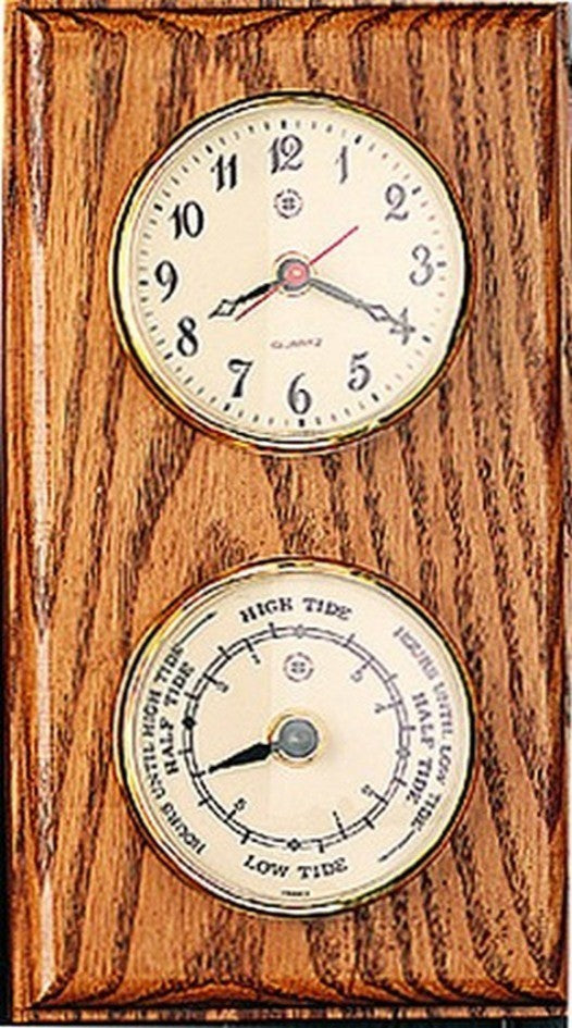 Quartz Clock and Tide Clock on Oak Wood With Brass Bezel