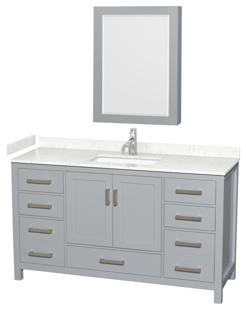 60"SGL Bathroom Vanity Gray, Carrara Cult. Marble Countertop, Sink, Med. Cabinet