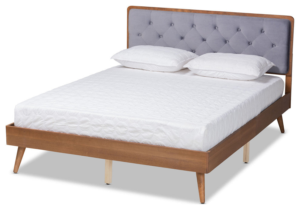Janine Modern Velvet Fabric Upholstered Platform Bed, Gray, King