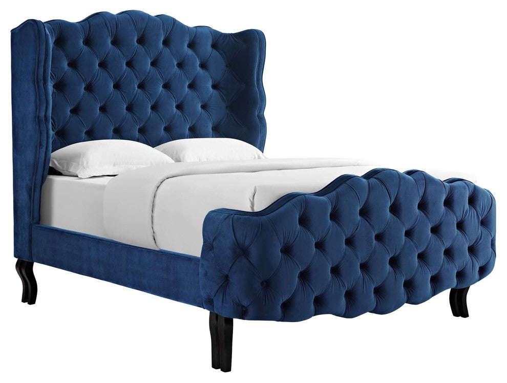 Violette Queen Tufted Wingback Performance Velvet Platform Bed, Navy