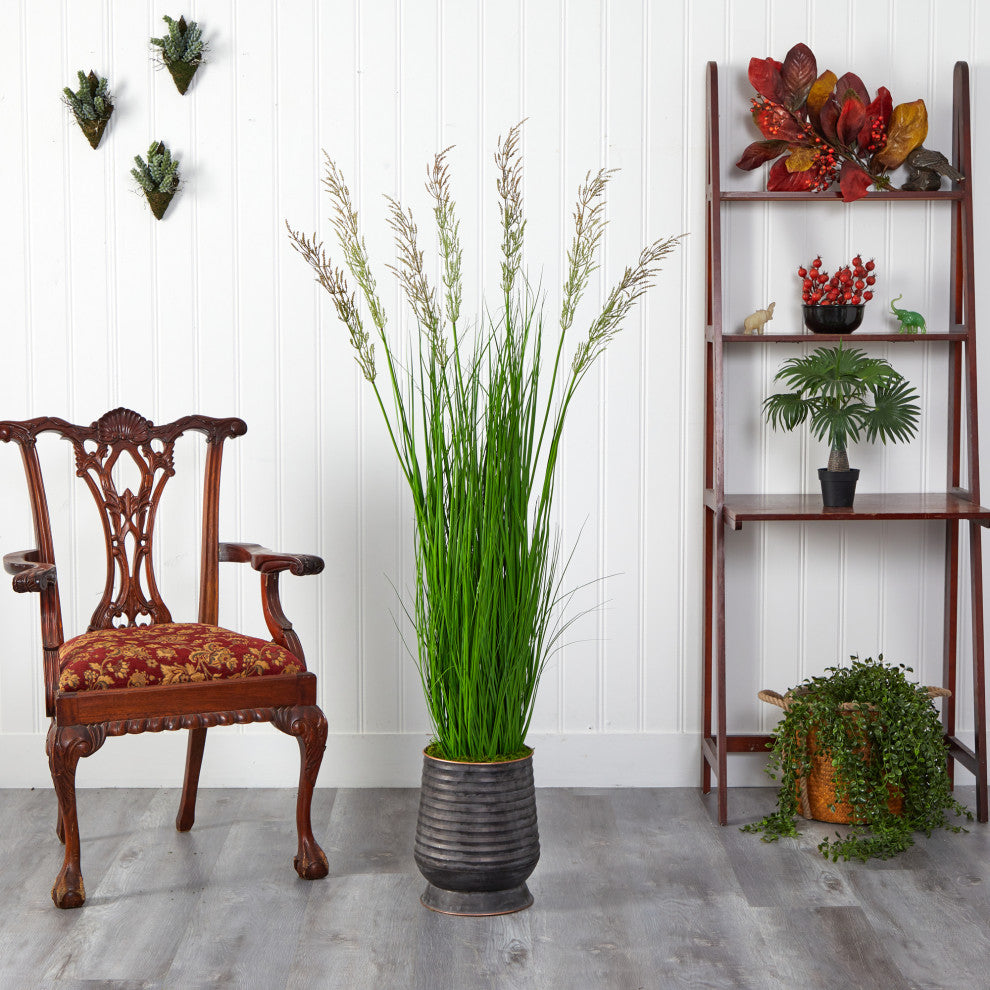 62" Wheat Grass Artificial Plant, Ribbed Metal Planter