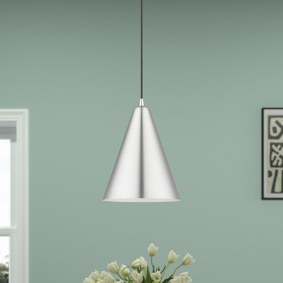 Dulce 1-Light Brushed Aluminum Cone Pendant, Polished Chrome Accents