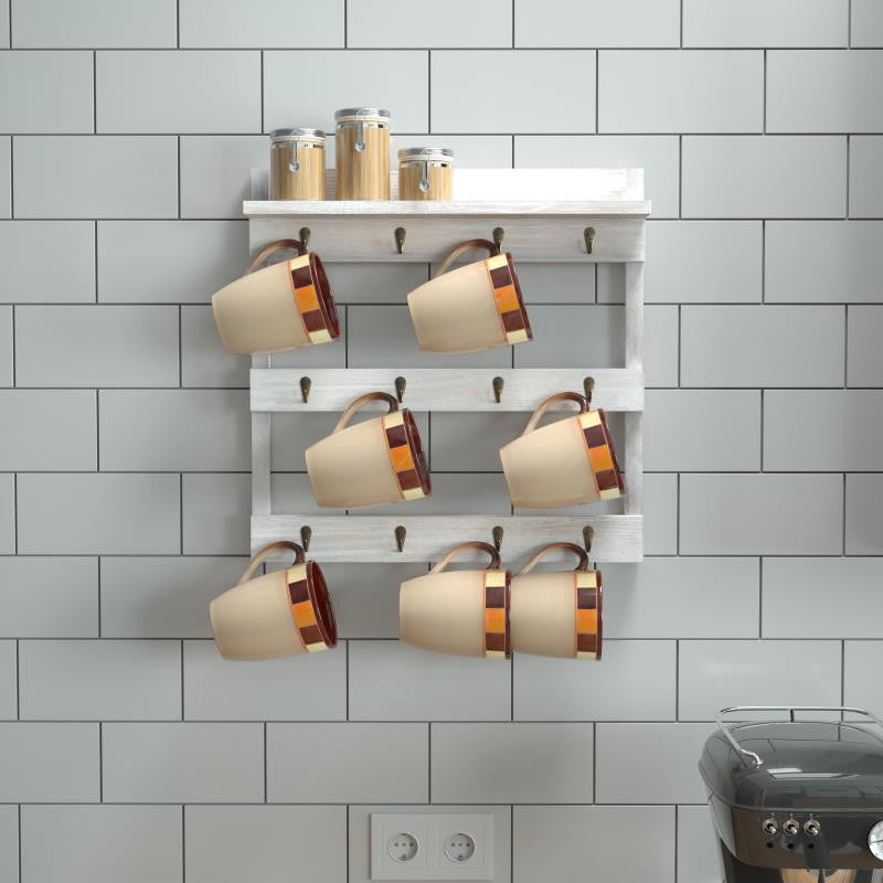 Campbell Wooden Wall Mount Mug Rack, White Wash