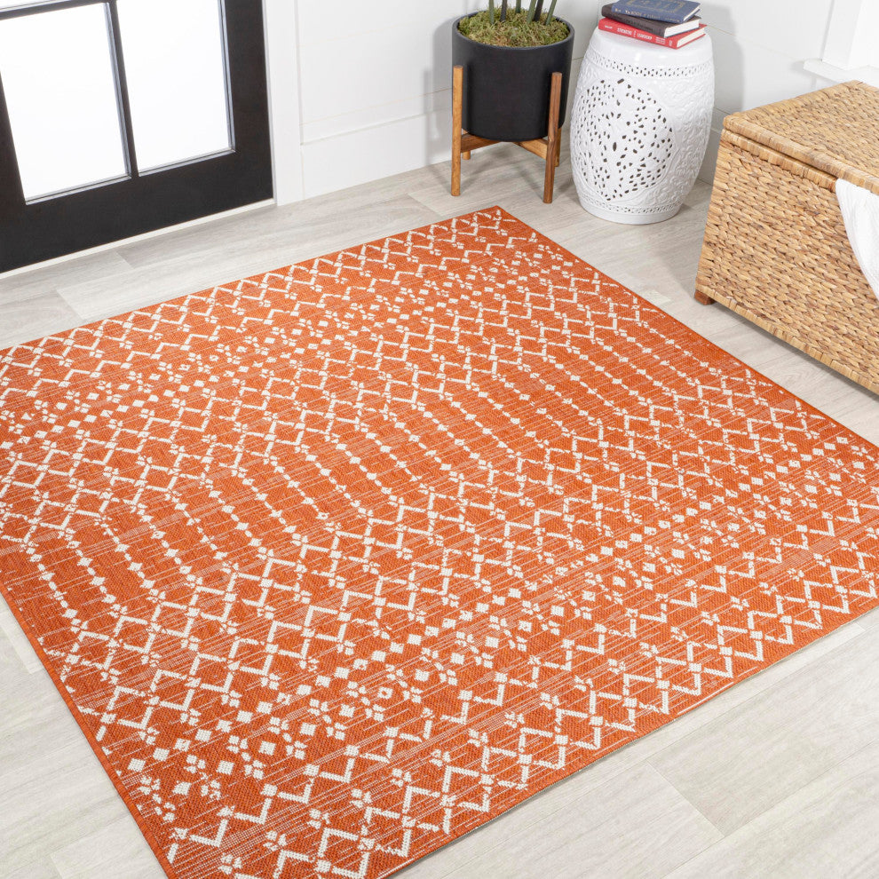 Ourika Moroccan Geometric Indoor/Outdoor Rug, Orange/Cream, 5' Square