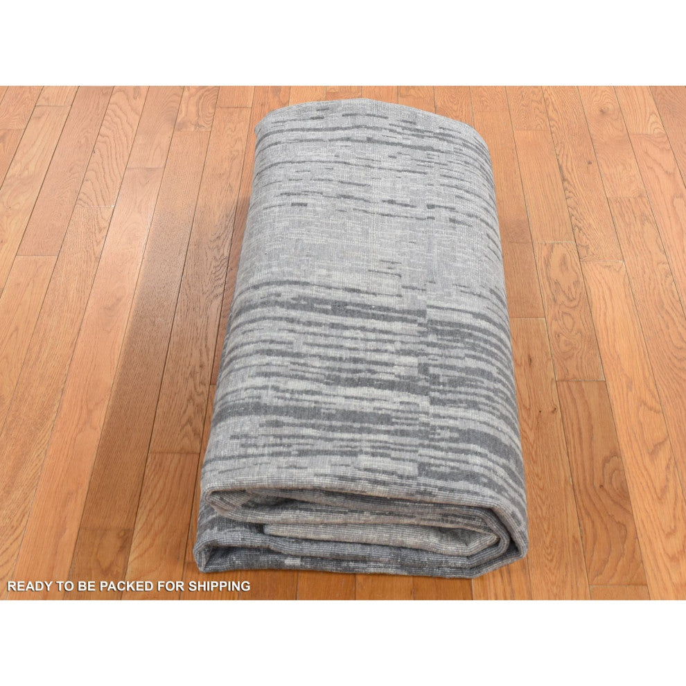 Medium Gray, Vertical Ombre Design, Pure Silk, Hand Knotted, Rug, 9'x11'10"