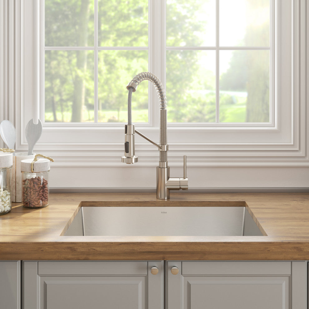 24" Undermount Stainless Steel Kitchen Sink, Pull-Down Faucet SS, Dispenser