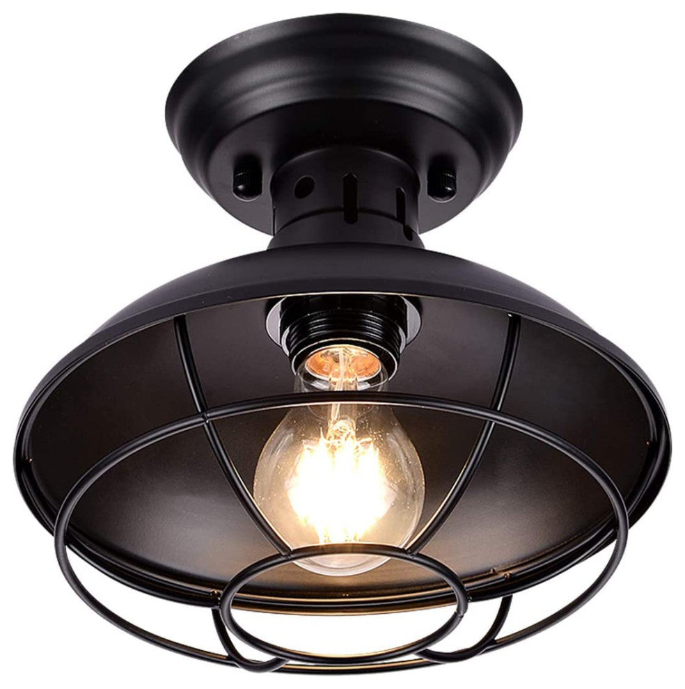 Vintage Industrial Semi Flush Mount Ceiling Light Fixture Farmhouse Black Cage