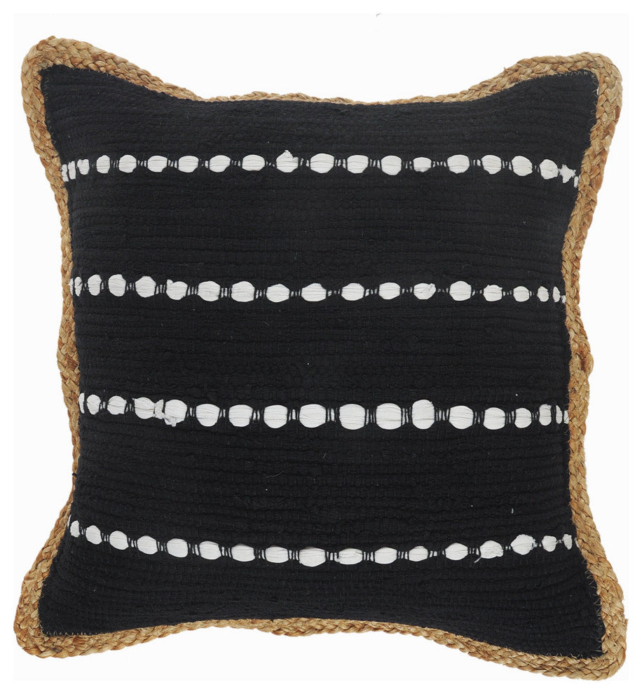 Black and White Striped Jute Bordered Throw Pillow