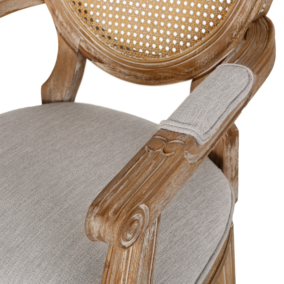 Bryan French Country Upholstered Wood and Cane 5-Piece Circular Dining Set, Natural/Light Gray