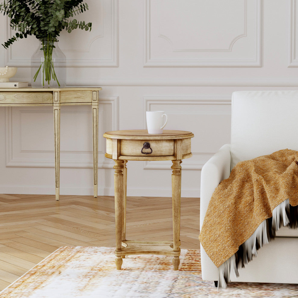 Jules 1-Drawer Round Accent Table, Antique Beige