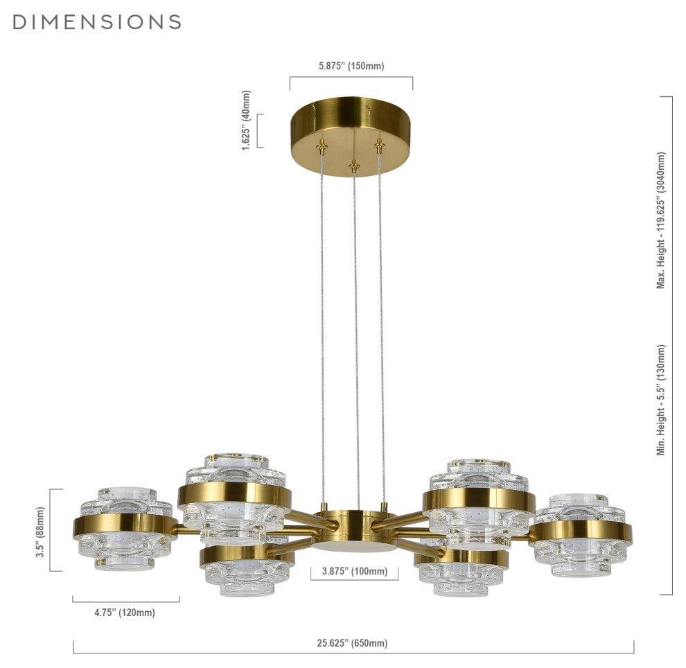 Milano 25" ETL Certified LED Height Adjustable Pendant Chandelier, Antique Brass