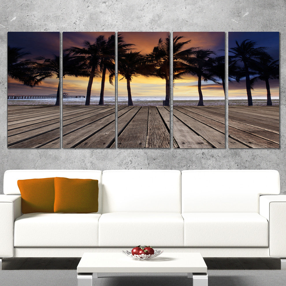 "Old Wood Terrace On Sea Beach" Modern Landscape Wall Art, 5 Panels, 60"x28"