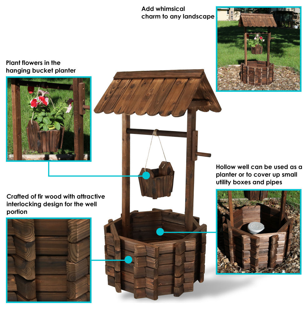 Sunnydaze 2-Tier Wooden Wishing Well Outdoor Patio Garden Planter, 45"