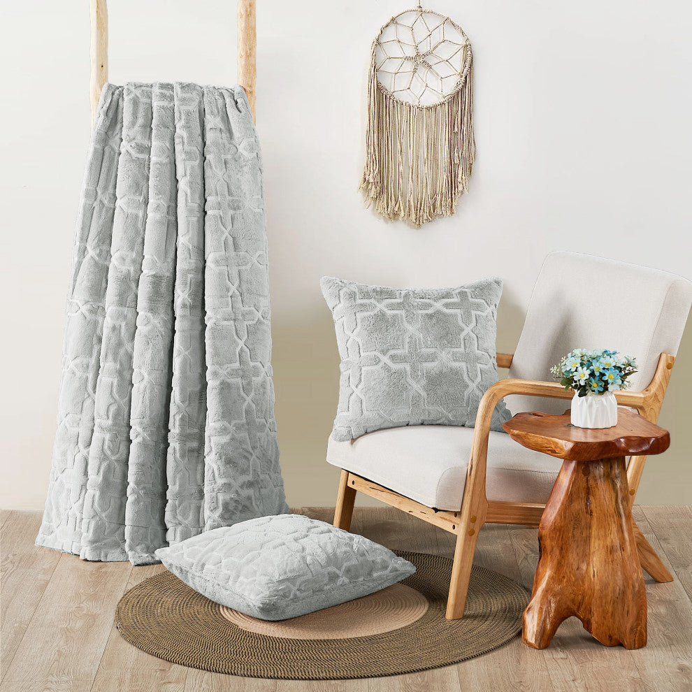 Tatami Faux Fur Throw Blanket & Pillow Shell Set, Silver