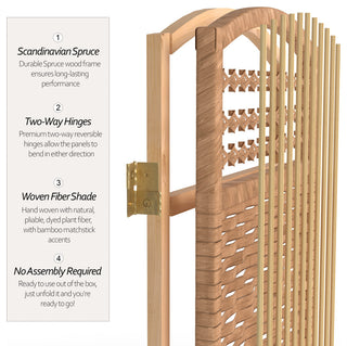 5 1/2' Tall Fiber Weave Room Divider, Natural, 4 Panel