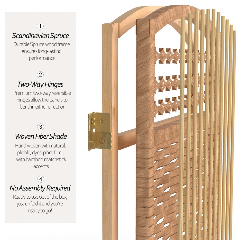 5 1/2' Tall Fiber Weave Room Divider, Natural, 4 Panel