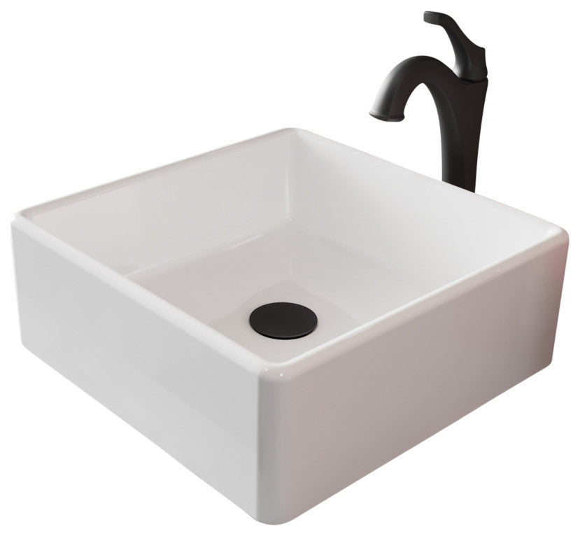 Elavo Square Ceramic Vessel Sink, Bathroom Arlo Faucet, Drain, Matte Black
