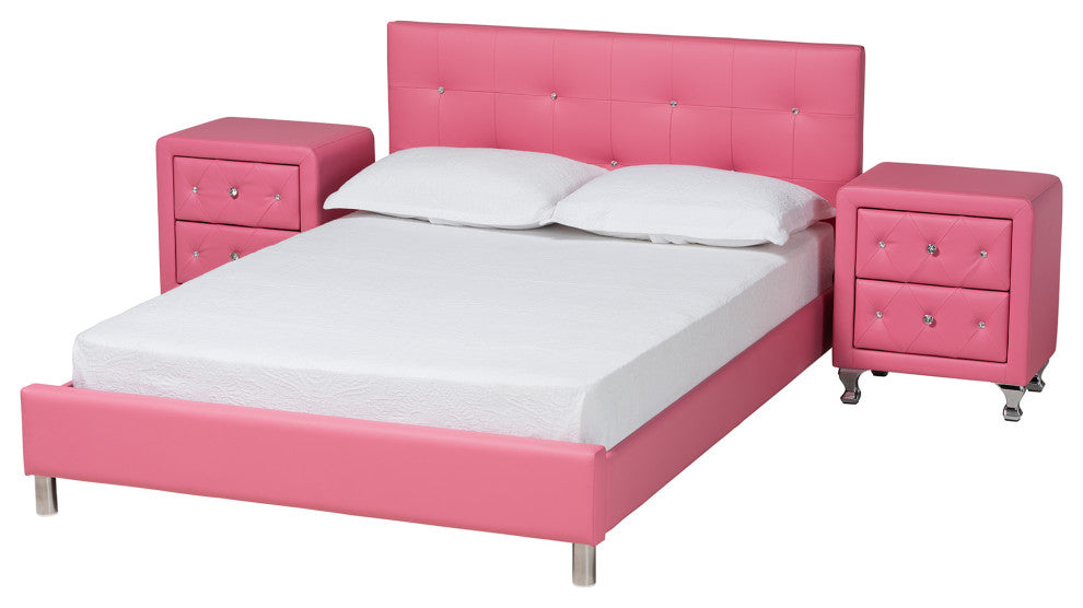 Barbara Glam Pink Faux Leather Upholstered Queen Size 3-Piece Bedroom Set