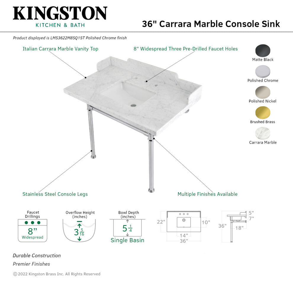 Kingston Brass LMS3622M8SQ0ST 36" Carrara Marble Console Sink, Legs