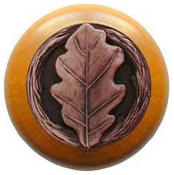 Oak Leaf Wood Knob, Antique Brass, Maple Wood Finish, Antique Copper