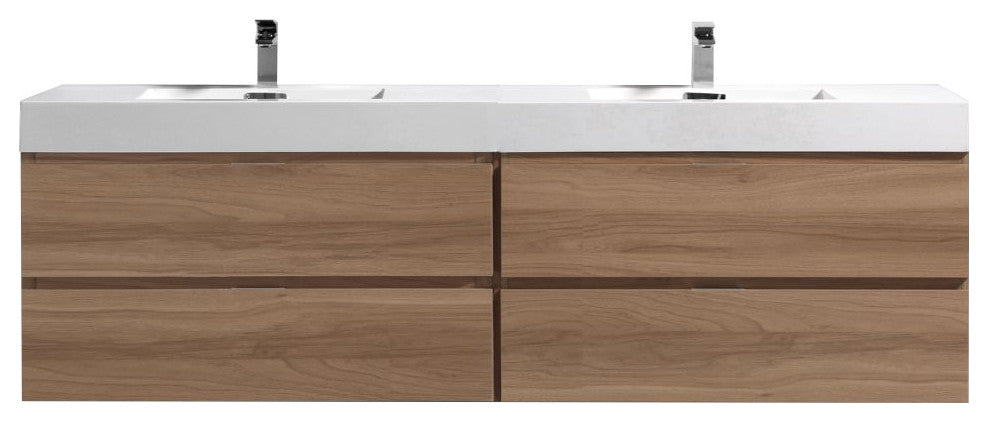 Bliss 72'' Wall Mount Double Sink Modern Bathroom Vanity, Honey Oak