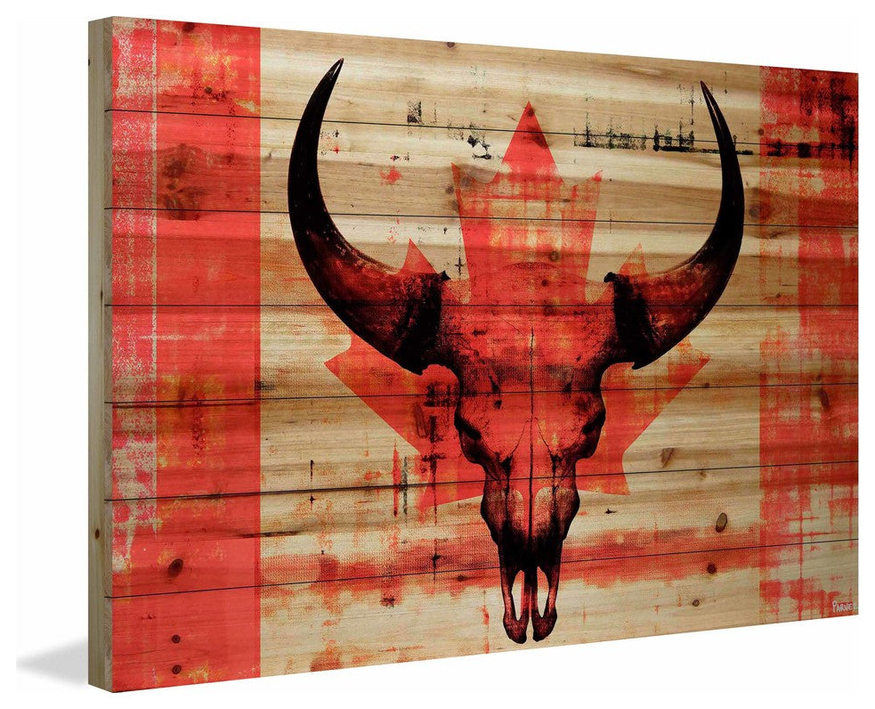 "Red Leaf Skull" Print on Natural Pine Wood, 60"x40"