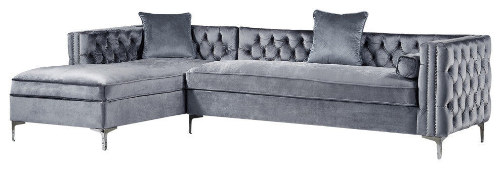 Jeannie Velvet Tufted With Nailhead Trim Sectional, Gray, Left Facing Chaise