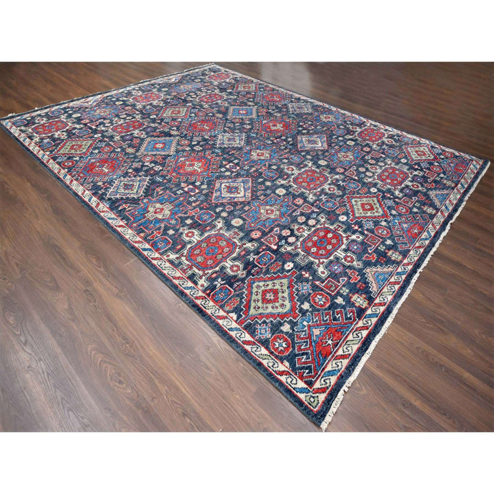 Charcoal Black Geometric Design Pure Wool Hand Knotted Oversized Rug 12'x14'10"