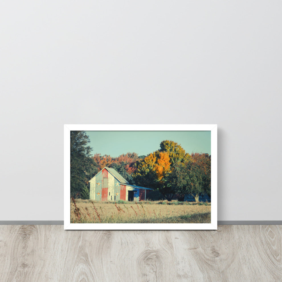 Patriotic Weathered Barn in Field Cross Processed Framed Photo Wall Art Prints, White, 12" X 18"