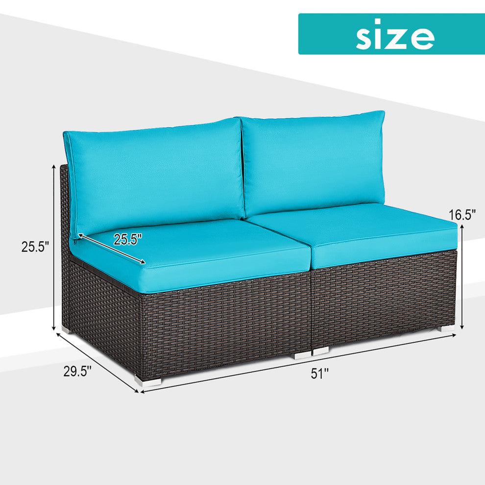 2PCS Patio Rattan Armless Sofa Sectional Conversation Furniture Set W/ Cushion