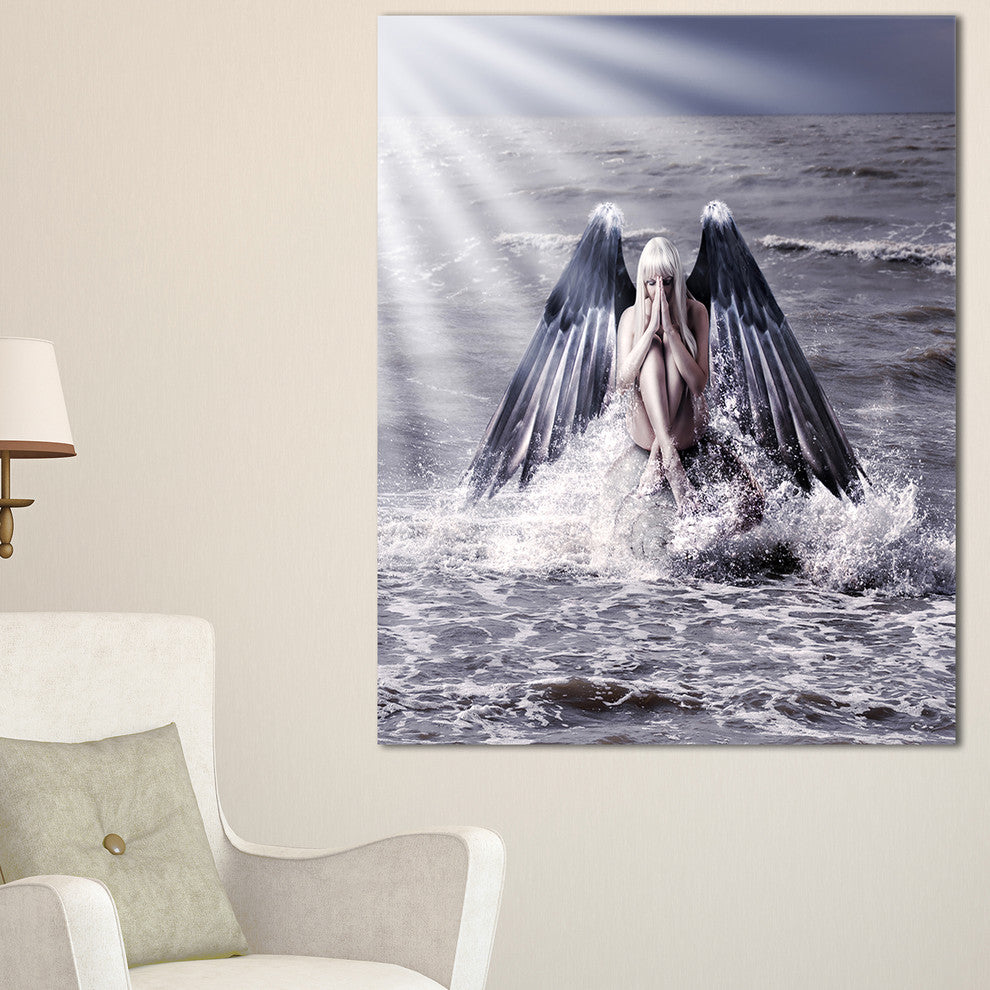 "Woman With Dark Angel Wings" Modern Beach Canvas Art Print, 20"x40"