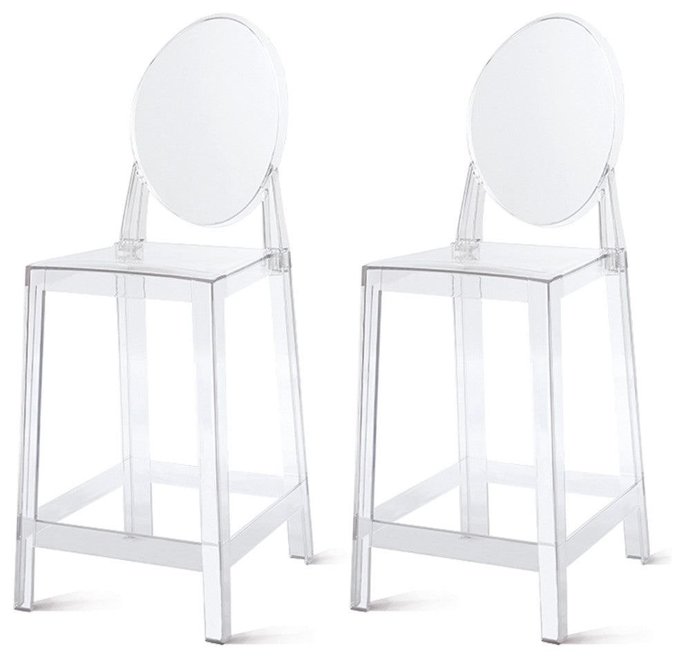 Designer Counter Height Stool With Solid High Back Side Chair Footrest, Clear, Set of 2