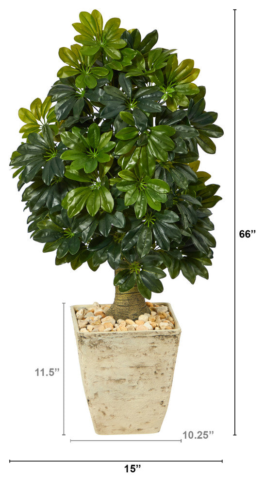 3.5' Schefflera Artificial Tree, Country White Planter, Real Touch