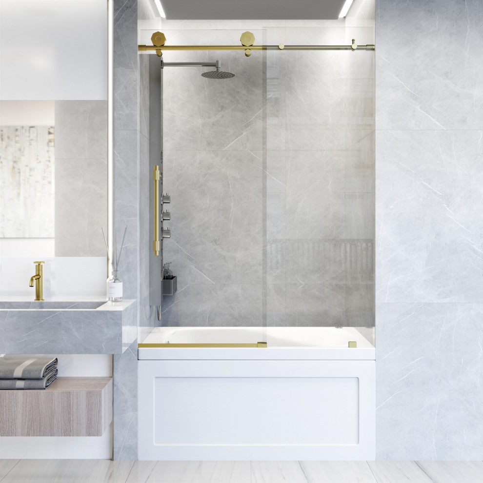 VIGO Elan Hart 56" to 60" W x 66" H Frameless Sliding Tub Door, Stainless Steel, Clear Glass