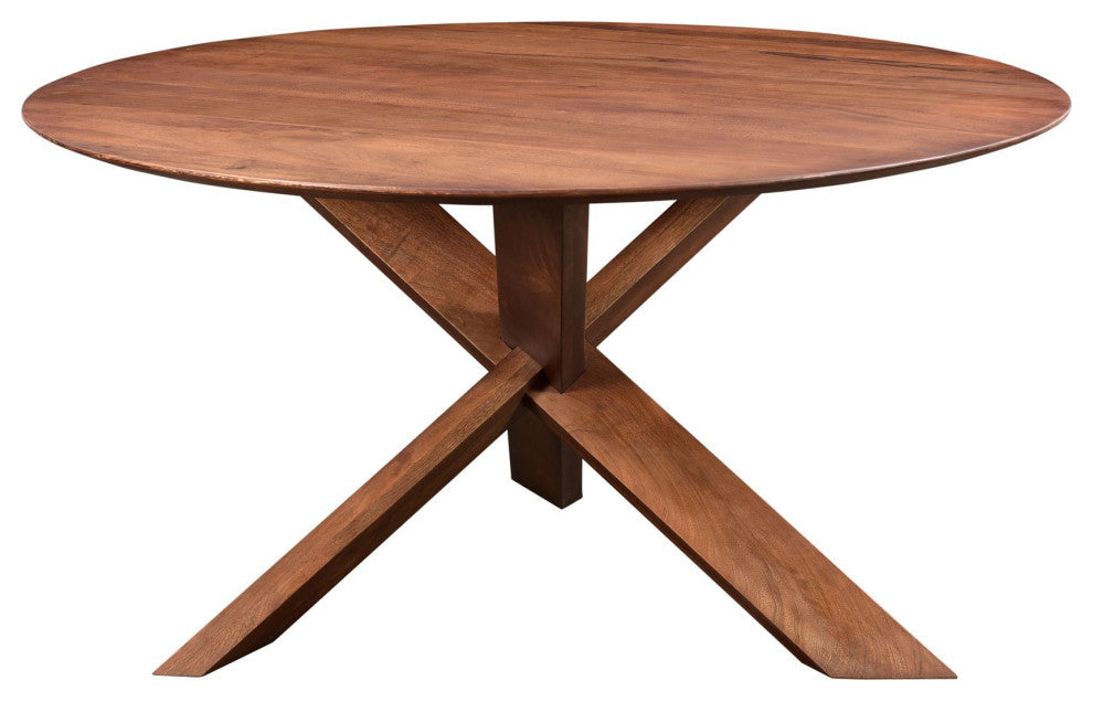 Round 60" Wide Mango Wood 3-Legged Dining Table, Brown