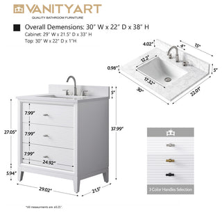 Vanity Art Bathroom Vanity with Engineered Marble Top and Sink, White, 30", Matte Black