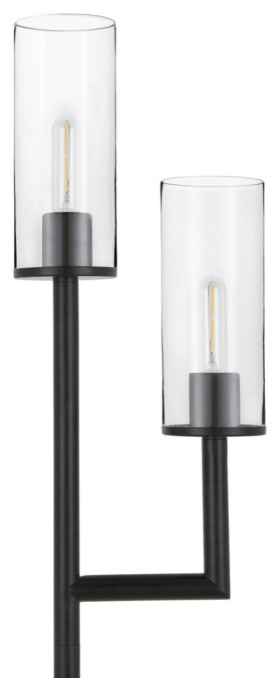 69" Black Two Light Torchiere Floor Lamp With Clear Transparent Glass Drum Shade
