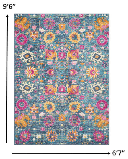 7' X 10' Blue And Orange Floral Power Loom Area Rug