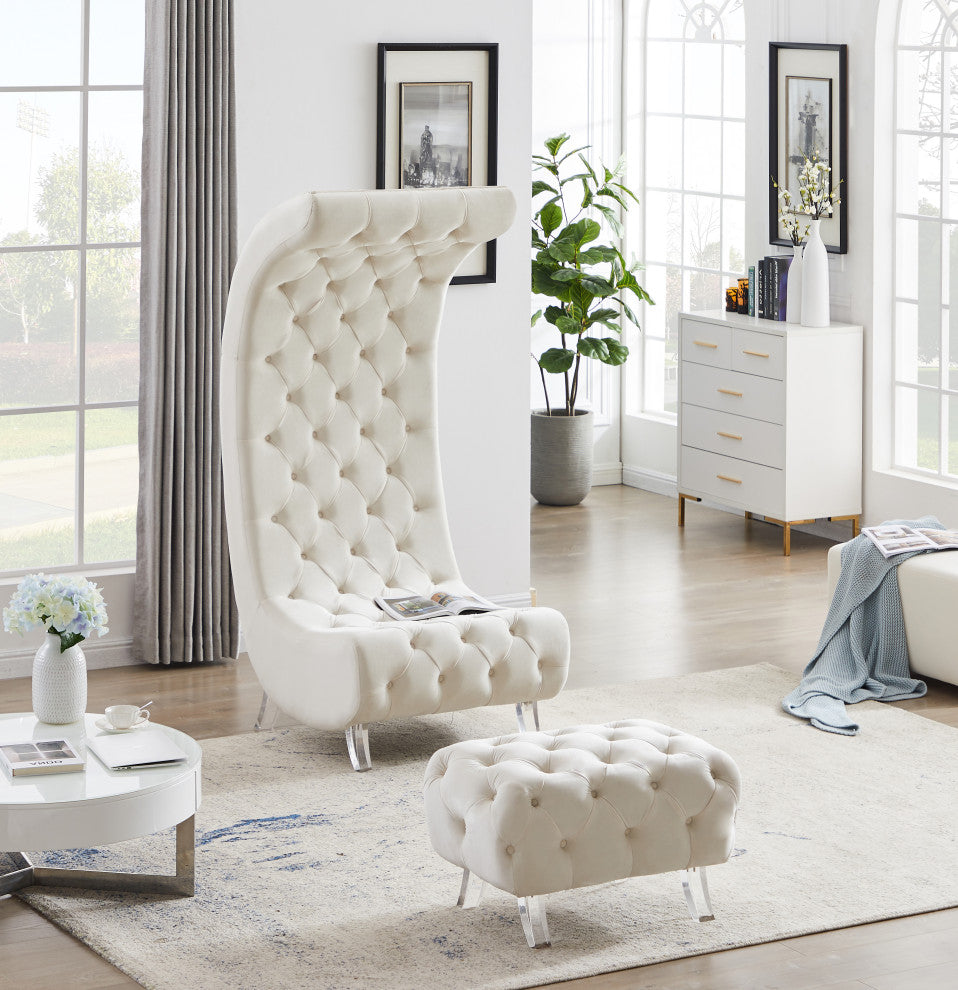 Crescent Velvet Upholstered Rounded Accent Chair, Cream