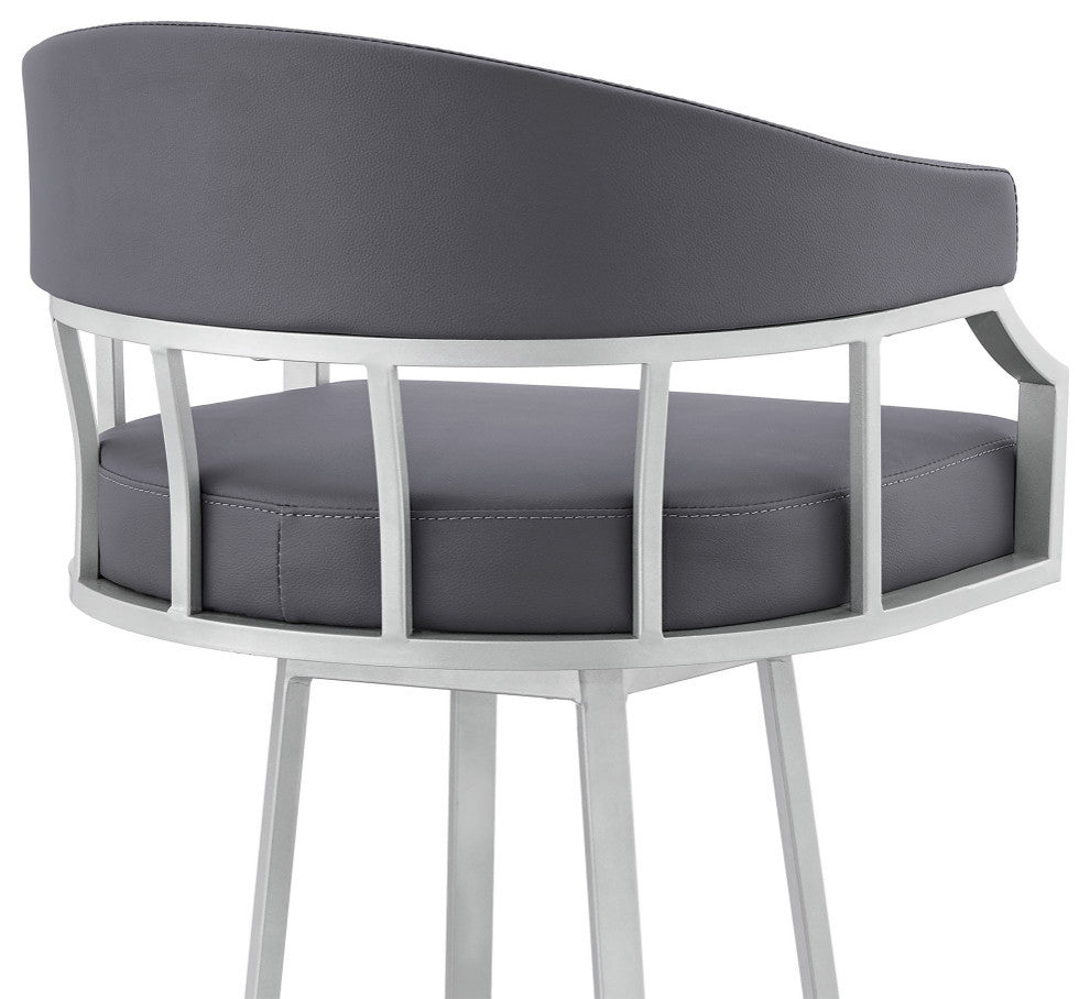 Valerie Swivel Brown Faux Leather and Java Brown Metal Bar Stool, Gray/Silver, Bar Height