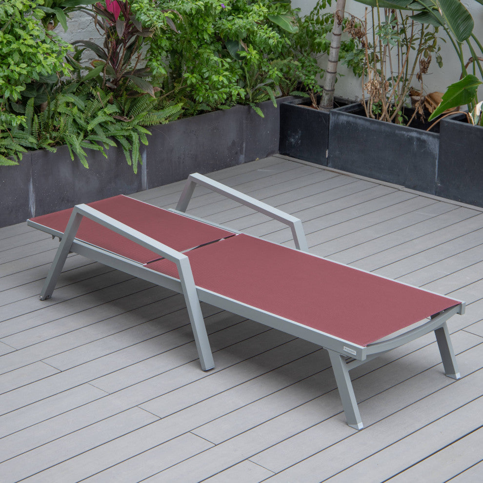 LeisureMod Marlin Patio Chaise Lounge Chair With Arms Gray Frame, Burgundy