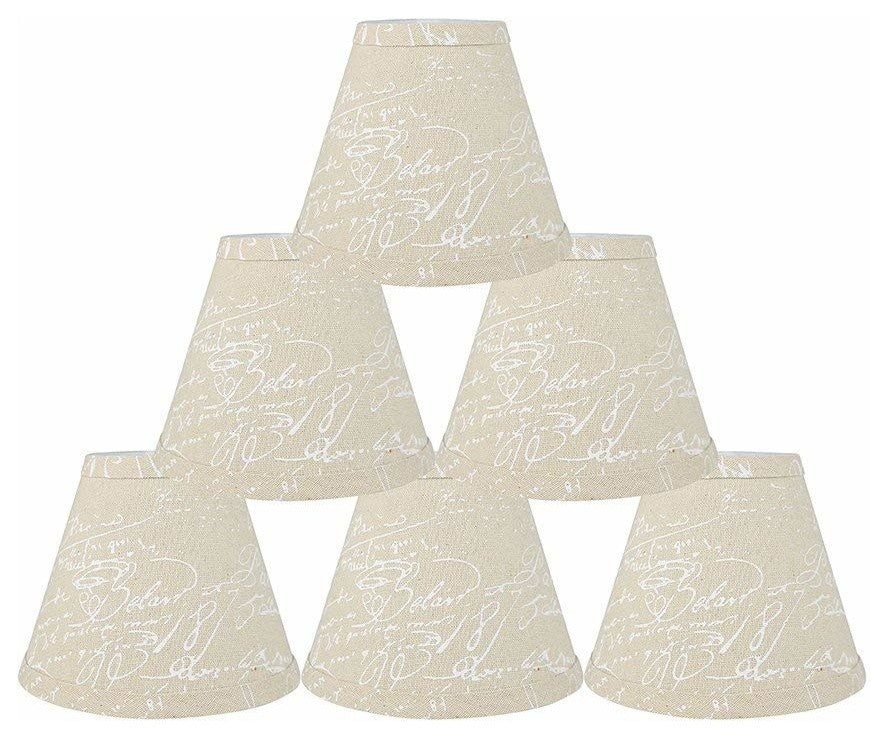 3x6x5" Linen Chandelier Lamp Shade, Natural, White Script, Set of 6